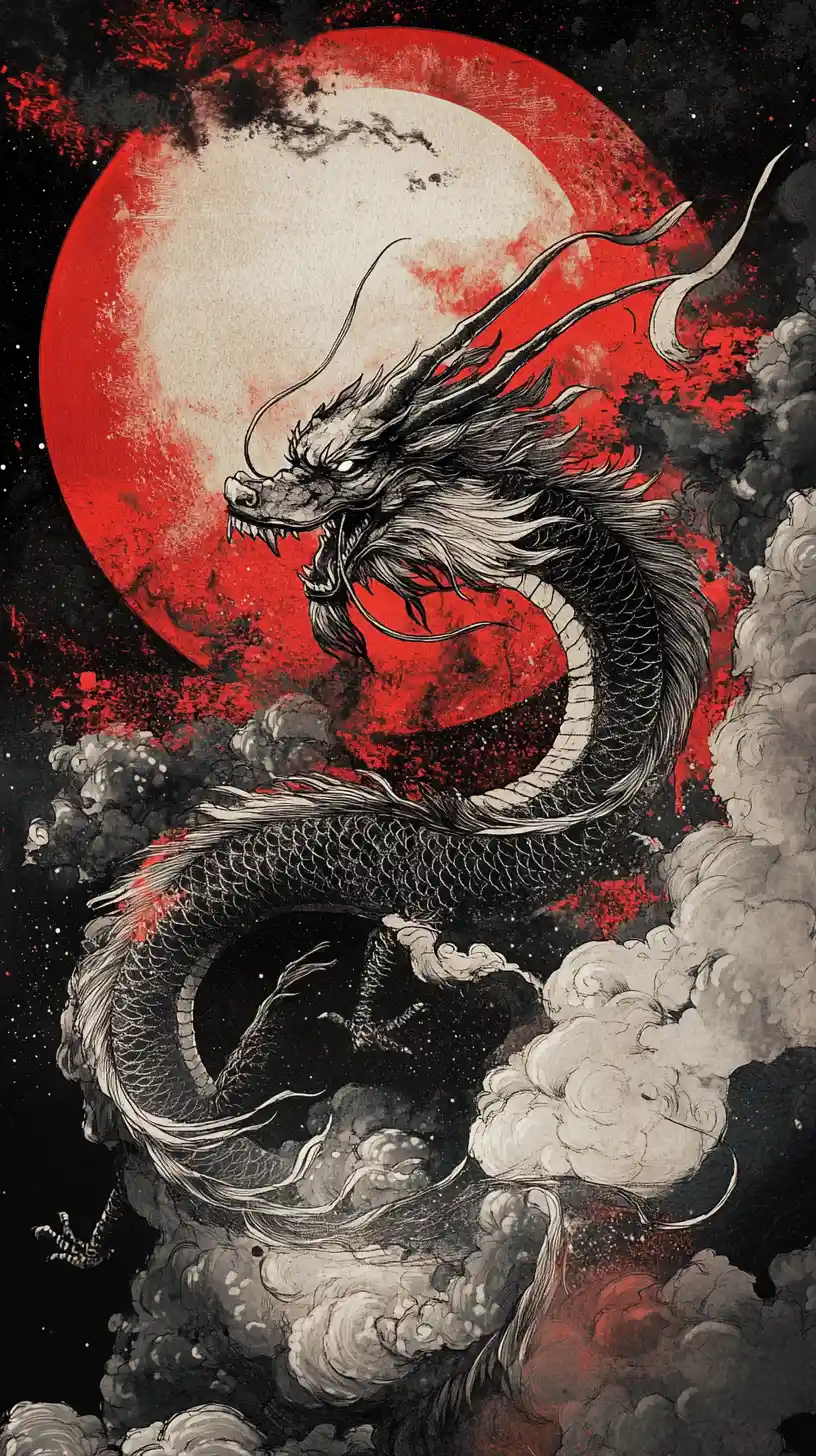 Asian dragon swirling through a moonlit night sky