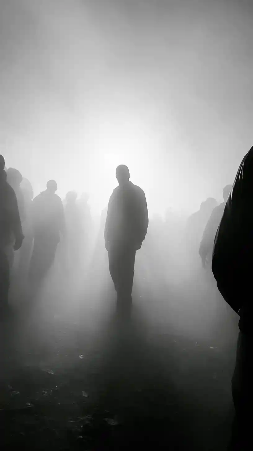 Men facing a violent gunfight in midnight street fog