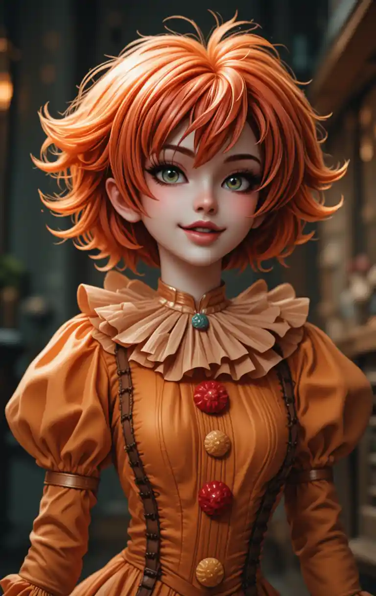 Smiling red haired clown in bright orange costume