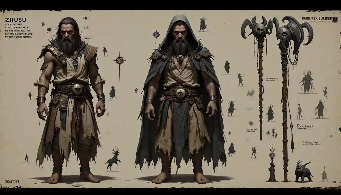 Cursed Sumerian shaman with demons and glowing carved staff