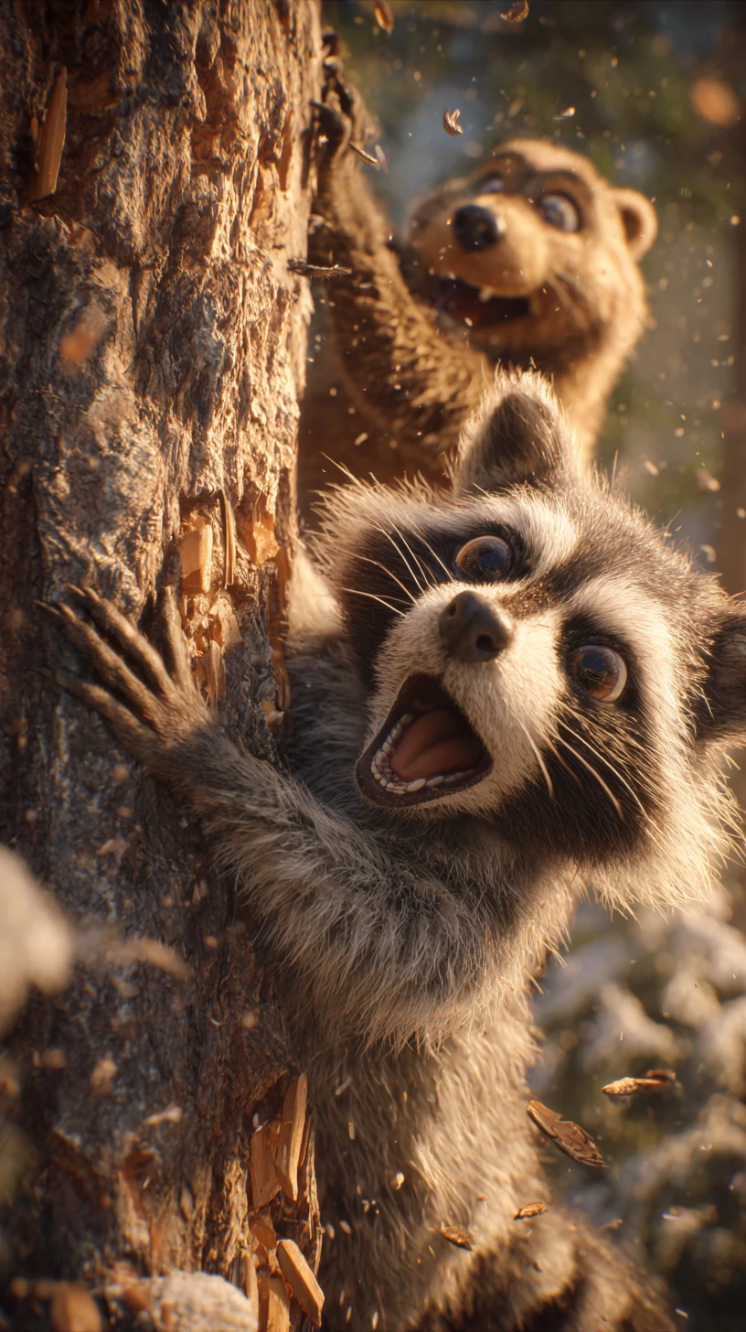 Frightened raccoon clinging to a tree as beaver chews