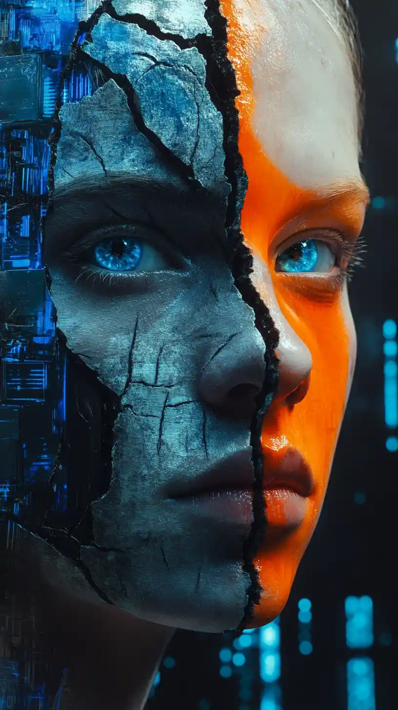 Fragmented blue and orange face in neon digital city