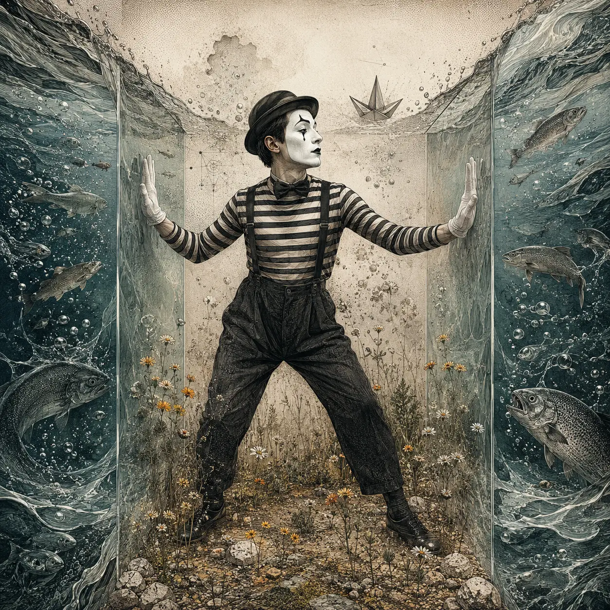 Mime pressing against an invisible wall by the sea