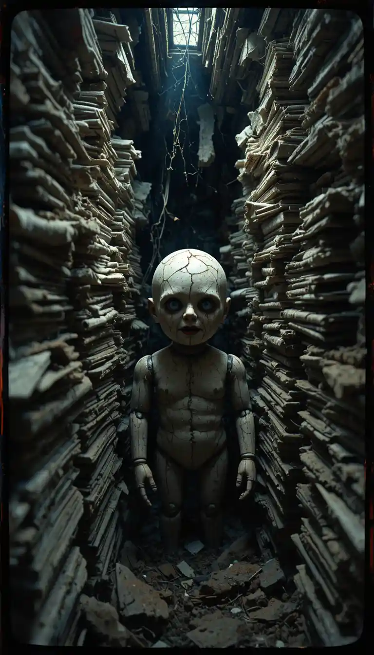Terrifying wooden doll in a dark decaying attic crawlspace
