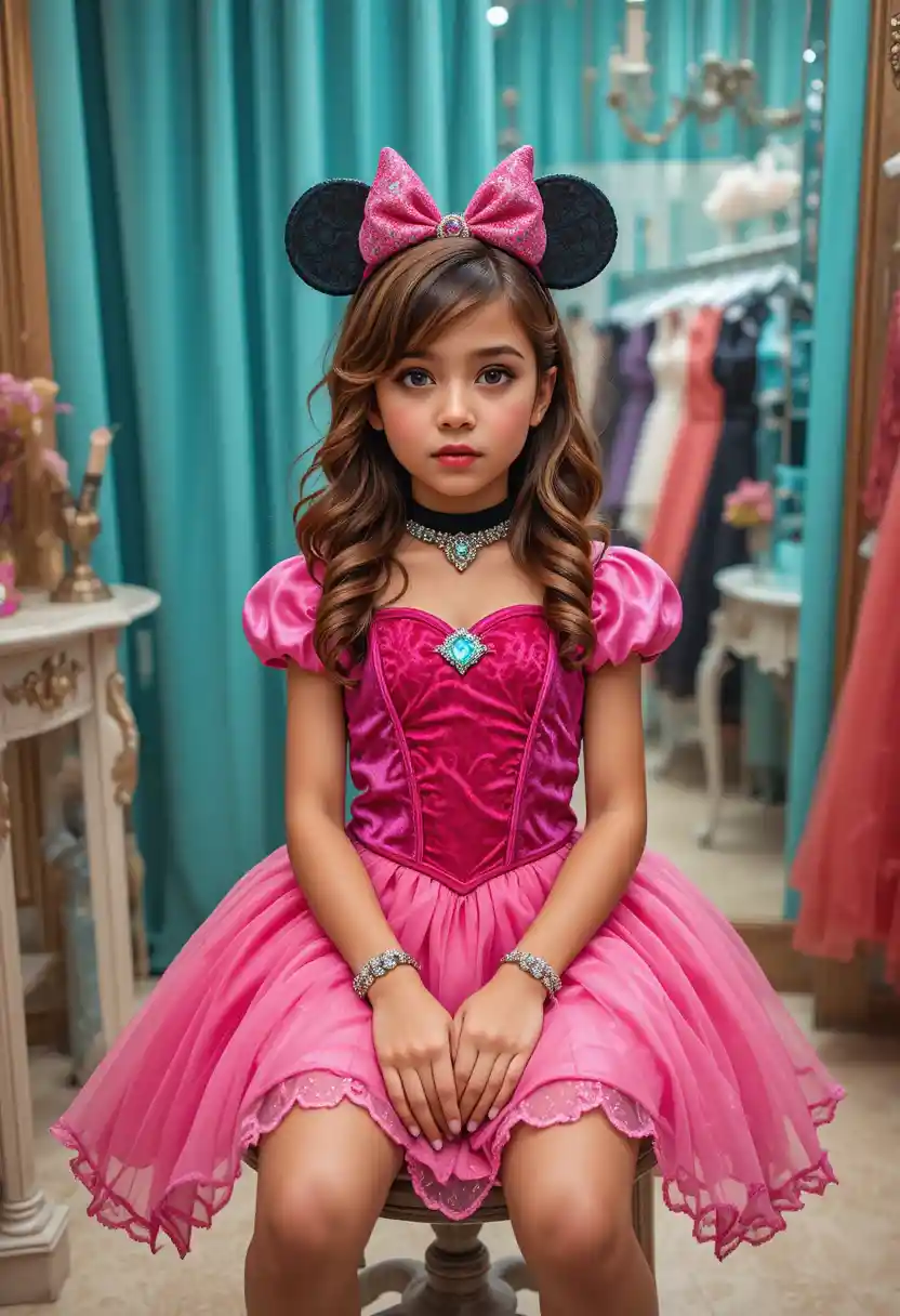 Embarrassed boy in pink princess dress at vanity stool