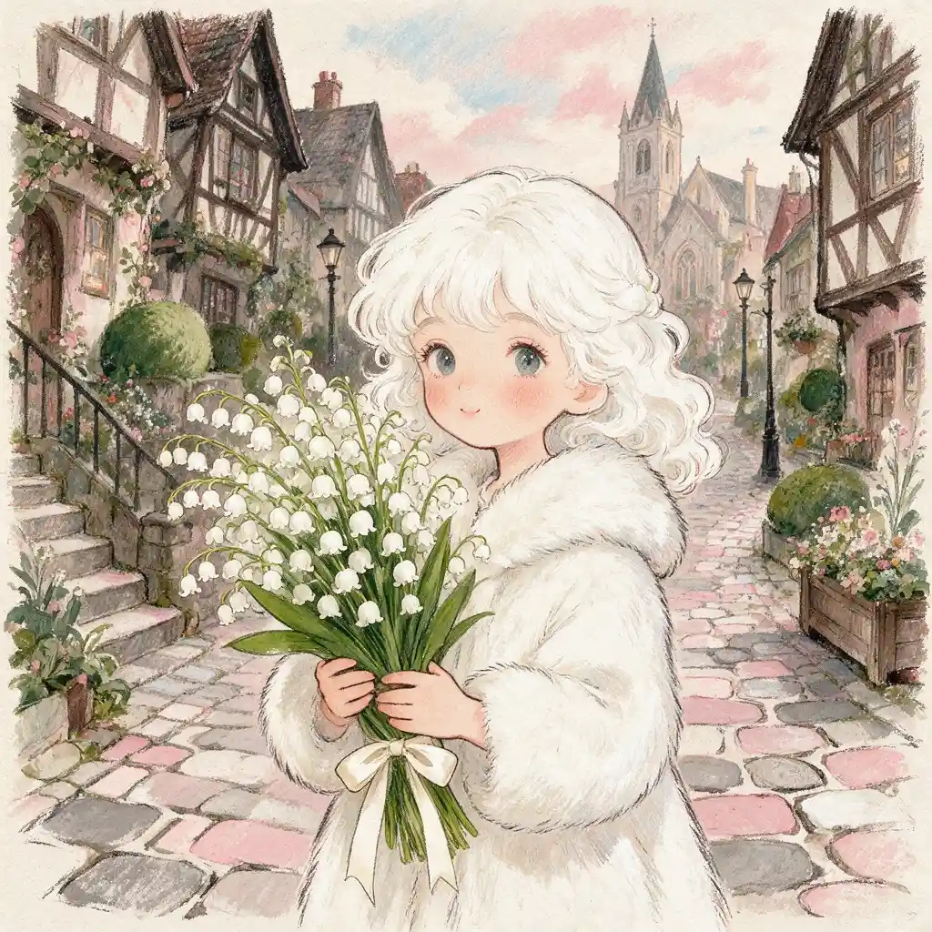 Cute girl with white lilies in whimsical pastel painting