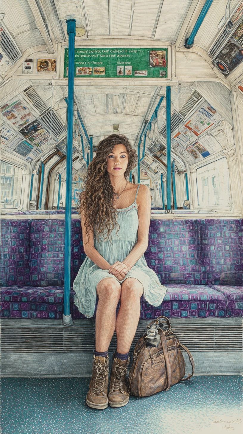 Young woman on London Underground seat facing the viewer