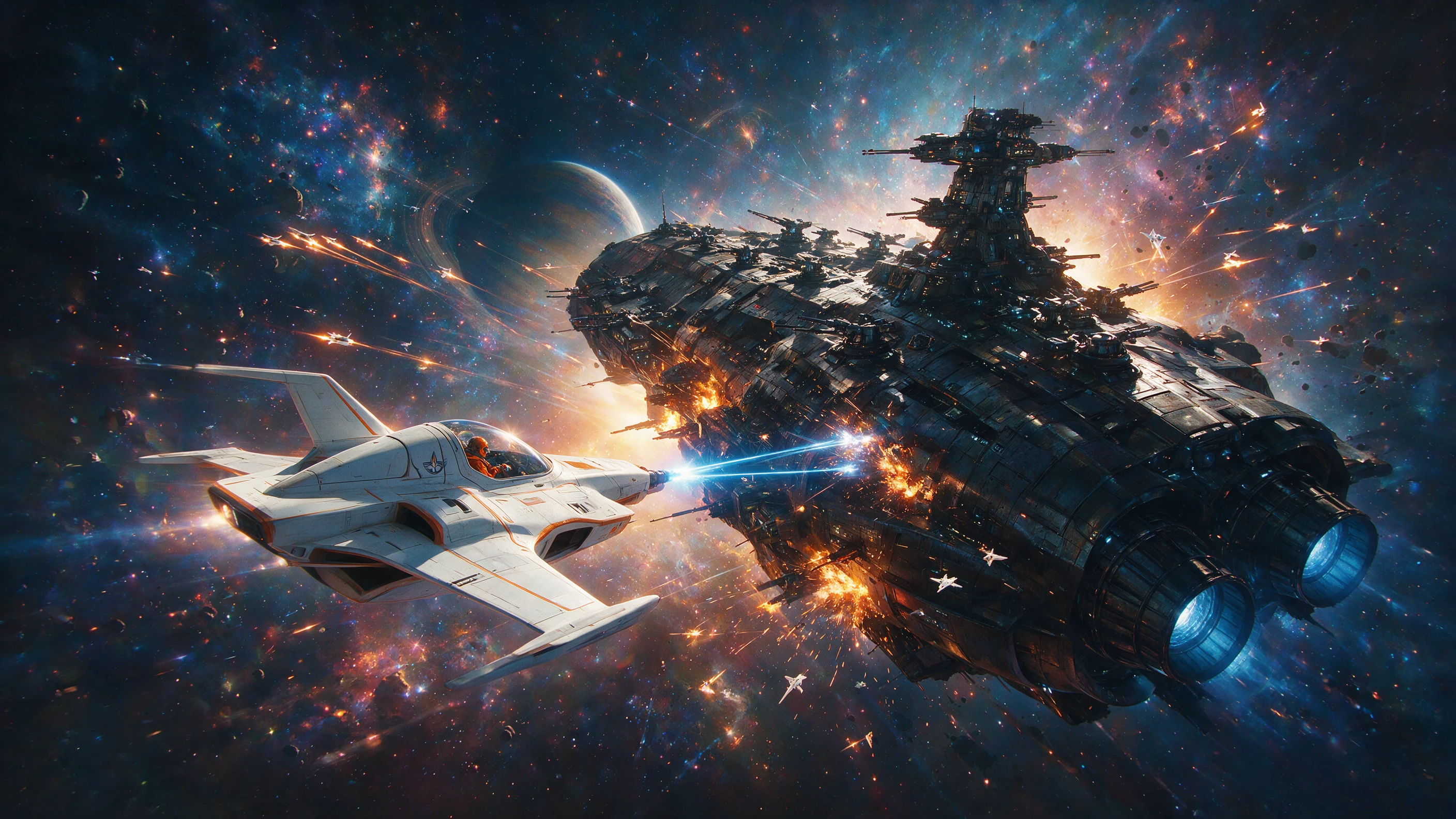 Sleek space fighter attacking an alien dreadnought in orbit