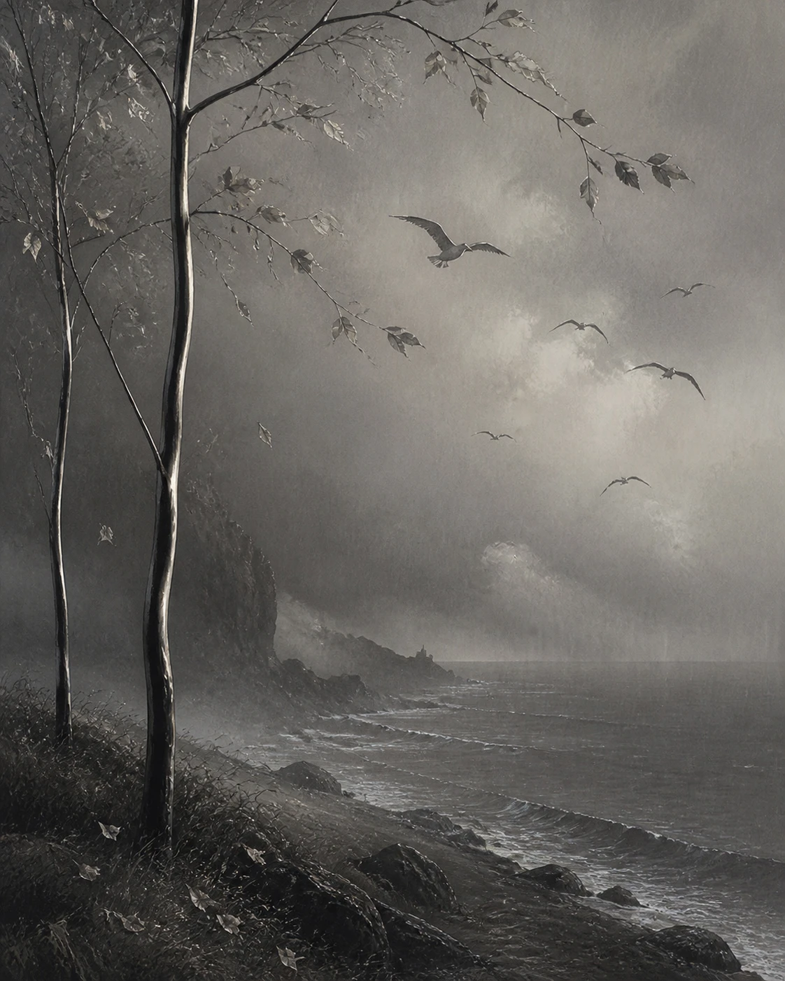 Serene chalk seascape with steel trees and falling leaves