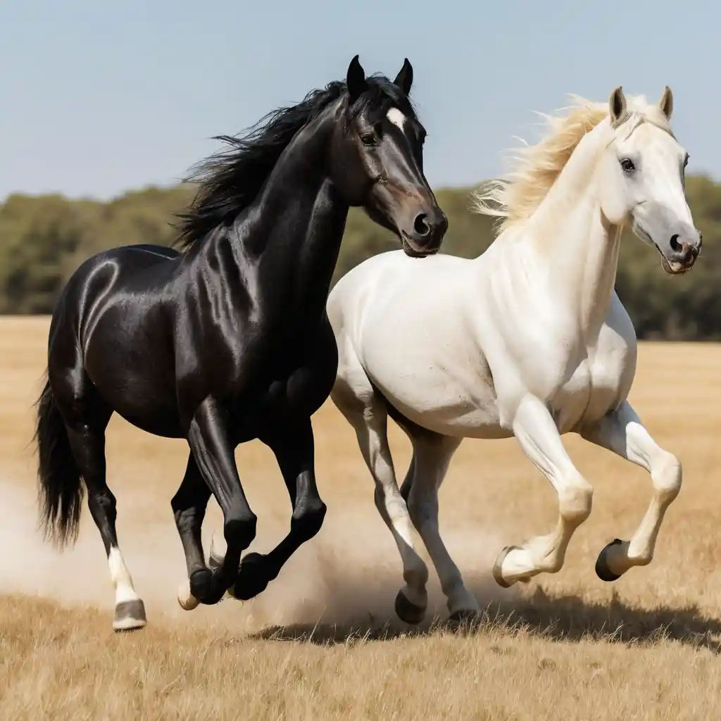乾いた草原をこちらに向かって小走りする4頭の馬