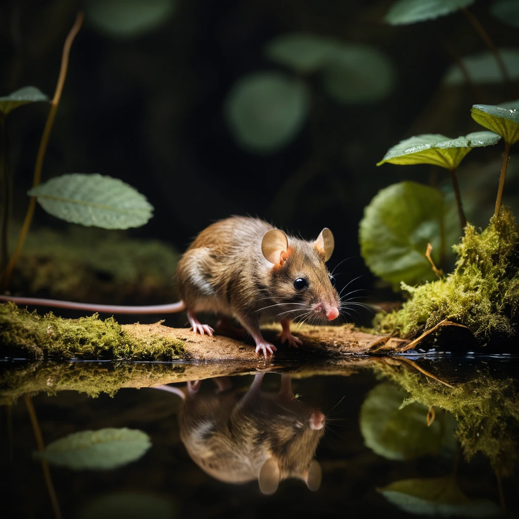Tiny wild mouse reflected in a quiet forest pond