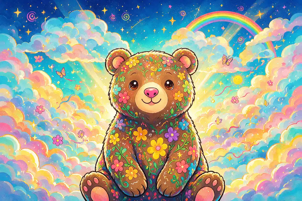 Whimsical floral bear in radiant rainbow sky art