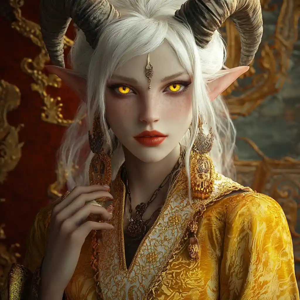 Alluring tiefling enchantress with white hair and ornate robes