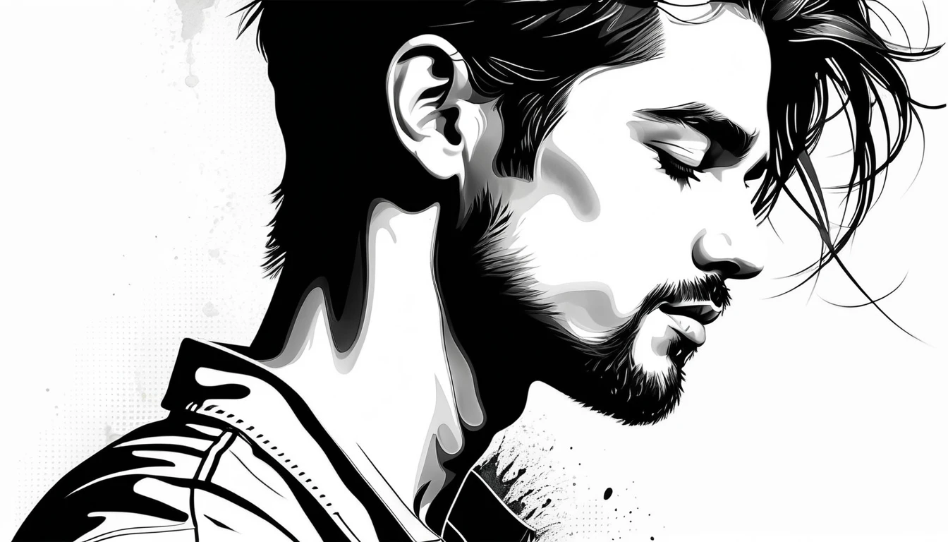 Monochrome close up profile portrait of a serene young man
