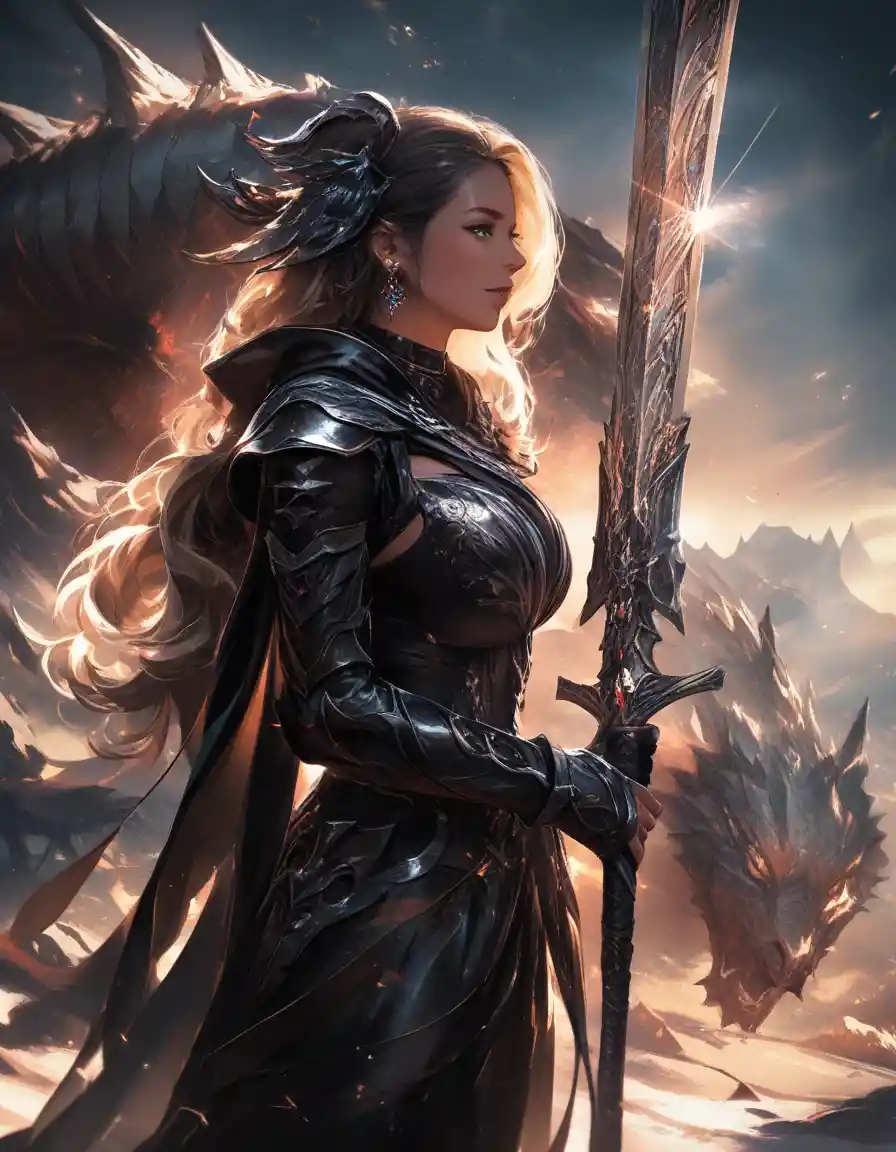 Cinematic profile of a armored woman on a battlefield