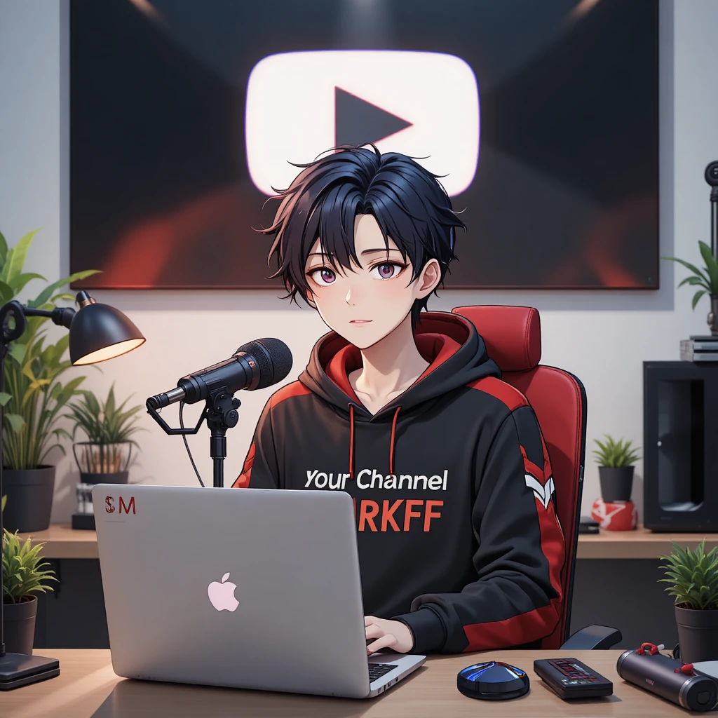 Anime boy streaming at a computer desk with microphone