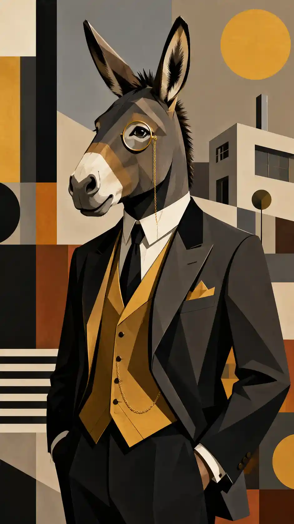 Elegant anthropomorphic donkey in a tailored suit with monocle
