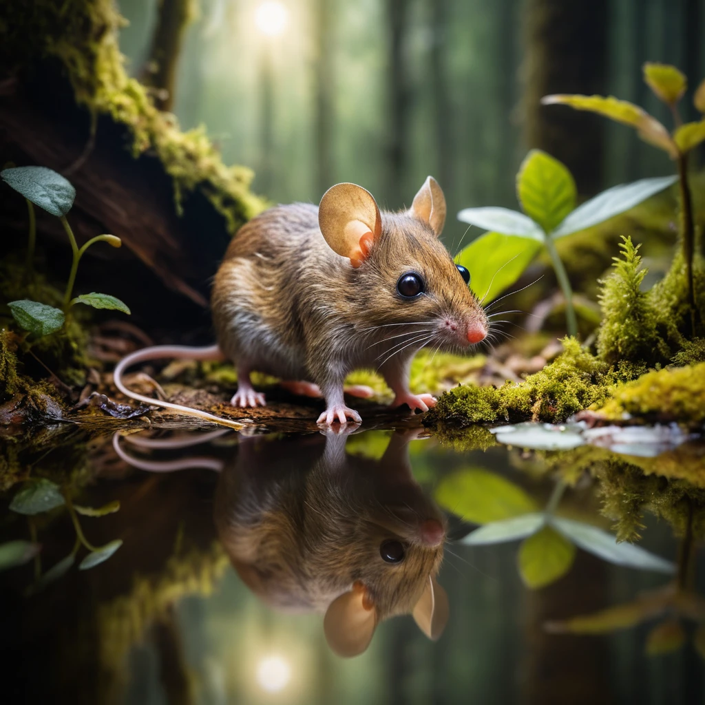 Tiny wild mouse at a forest pond with clear reflection