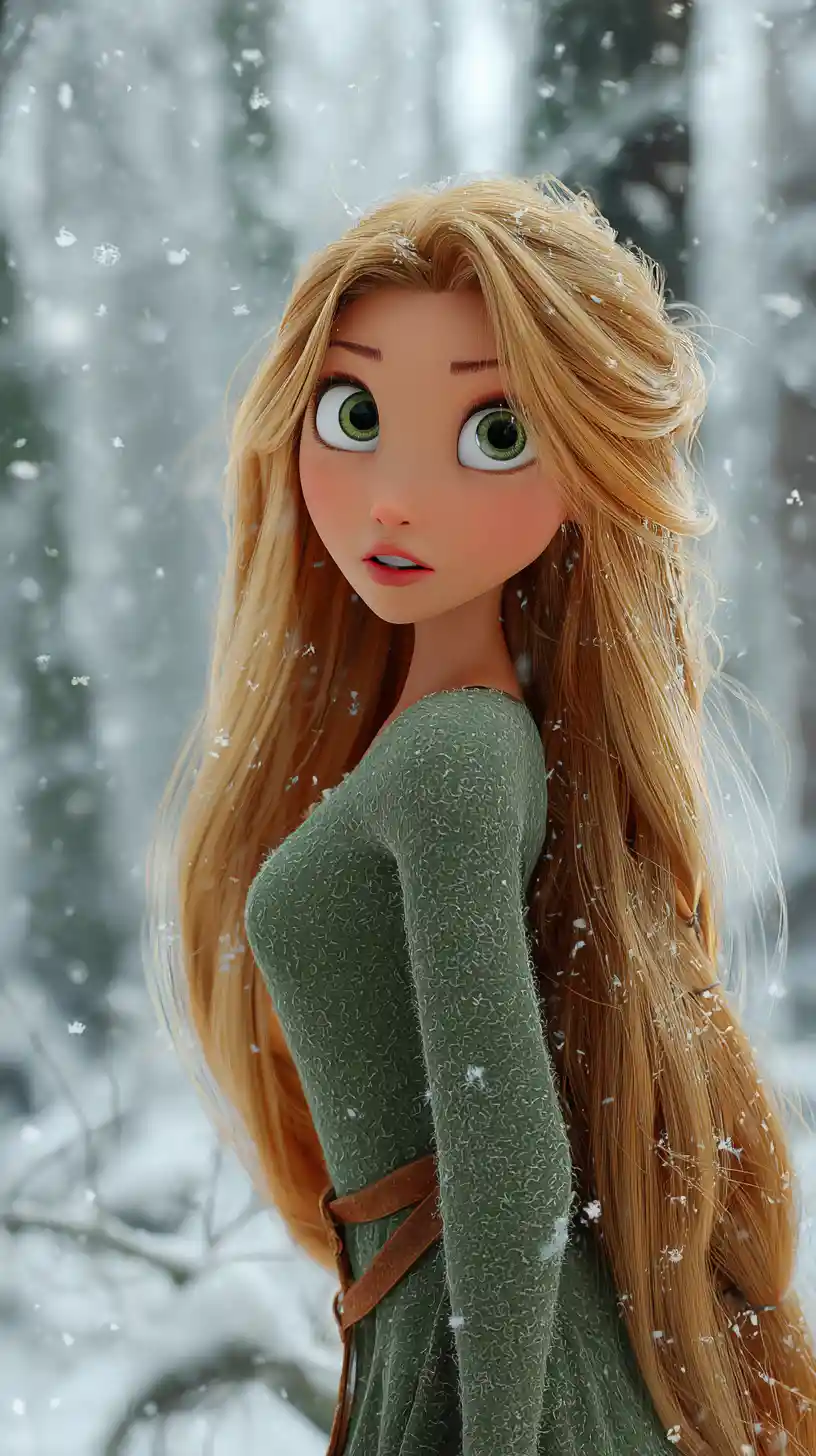 Elegant woman in a snowy forest with golden hair