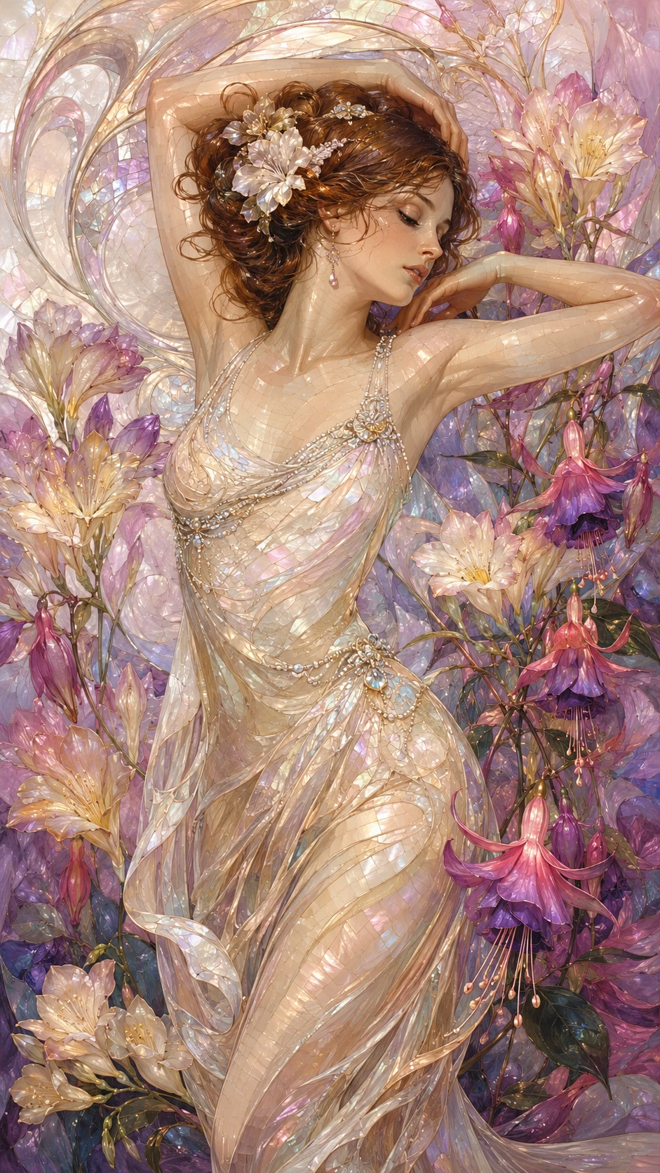 Elegant art nouveau lady with floral mosaic background