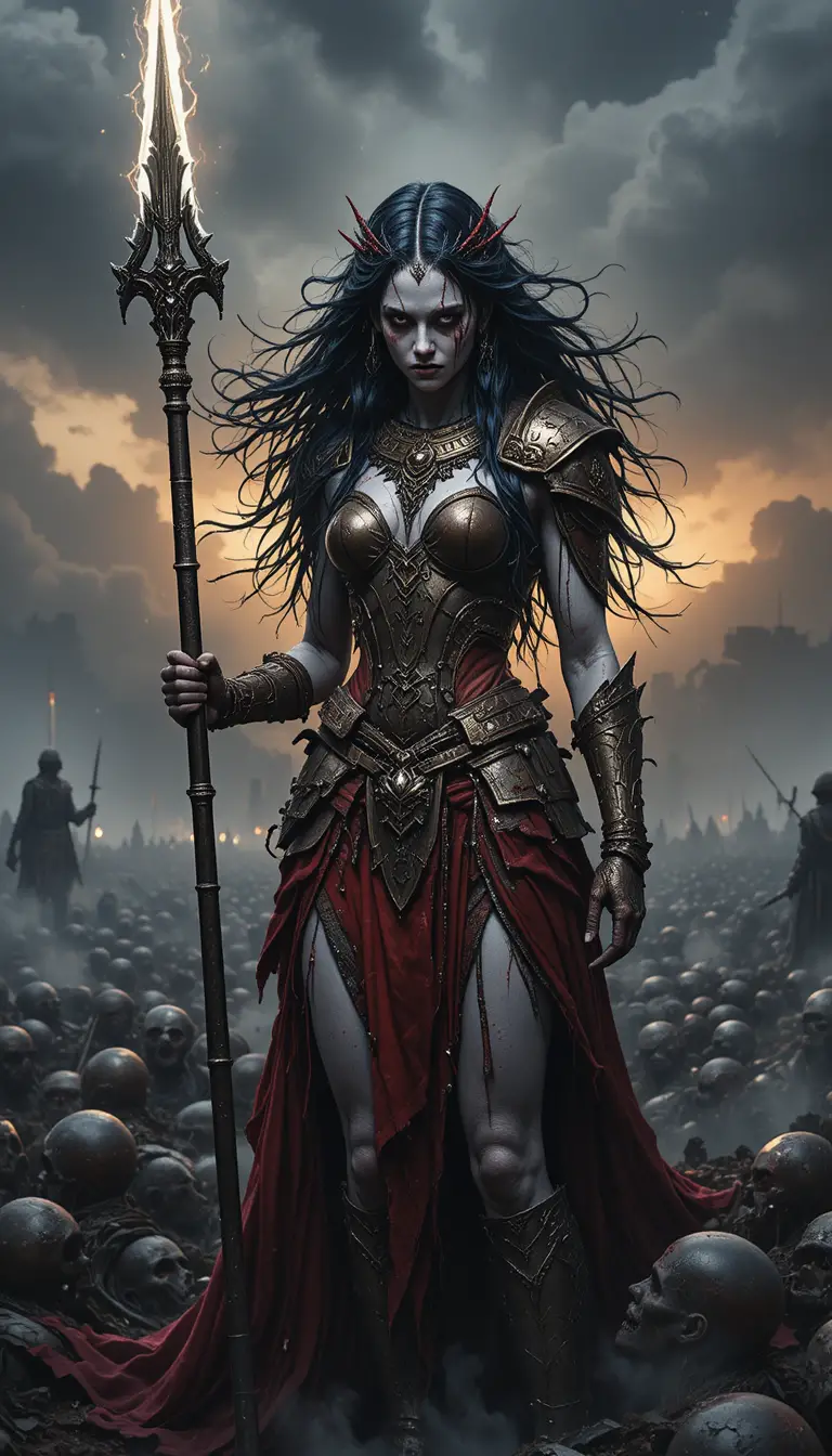 Vengeful ghostly warrior woman on a misty battlefield