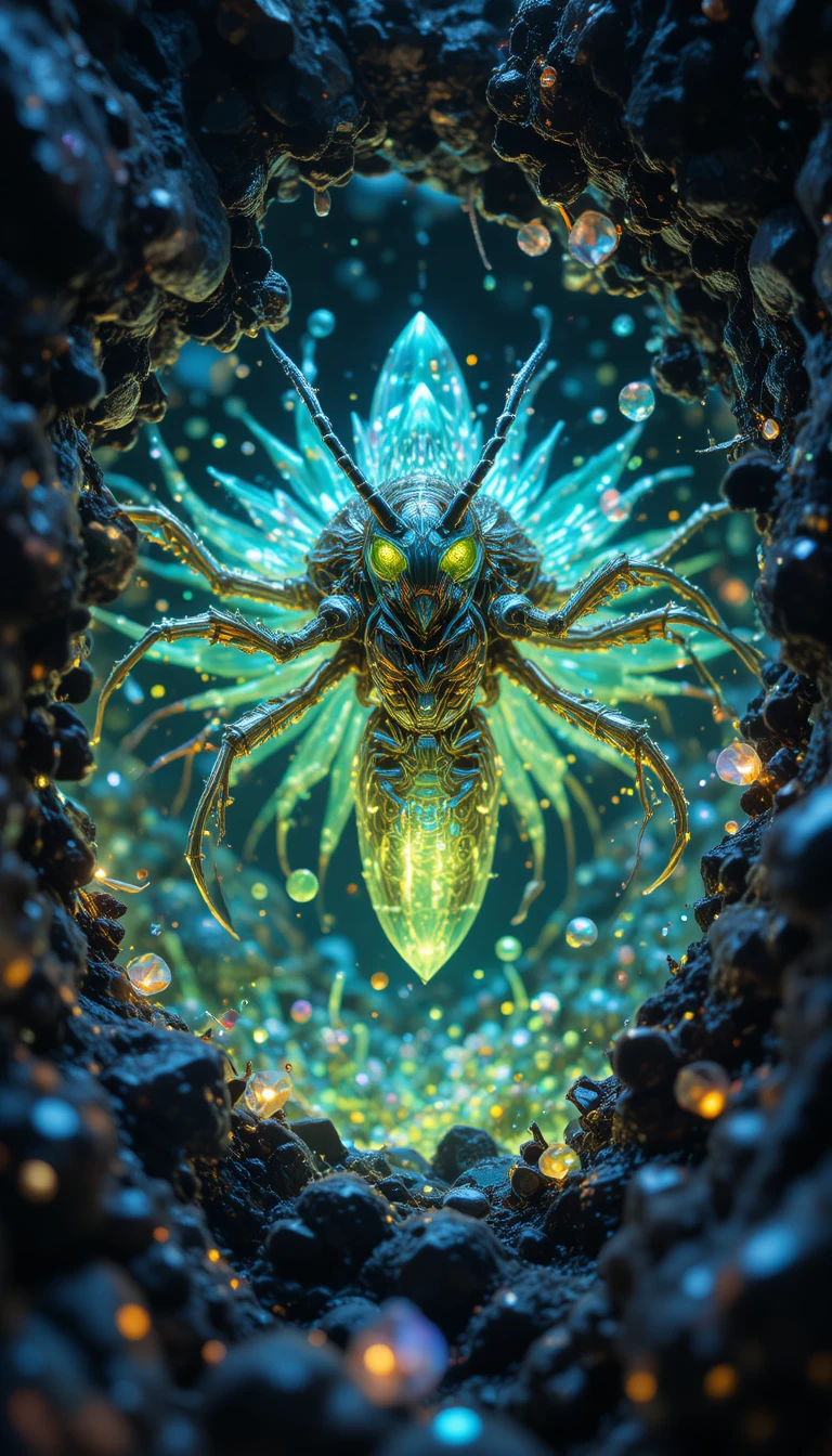 Fractal crystal insects bursting from a vertical screen
