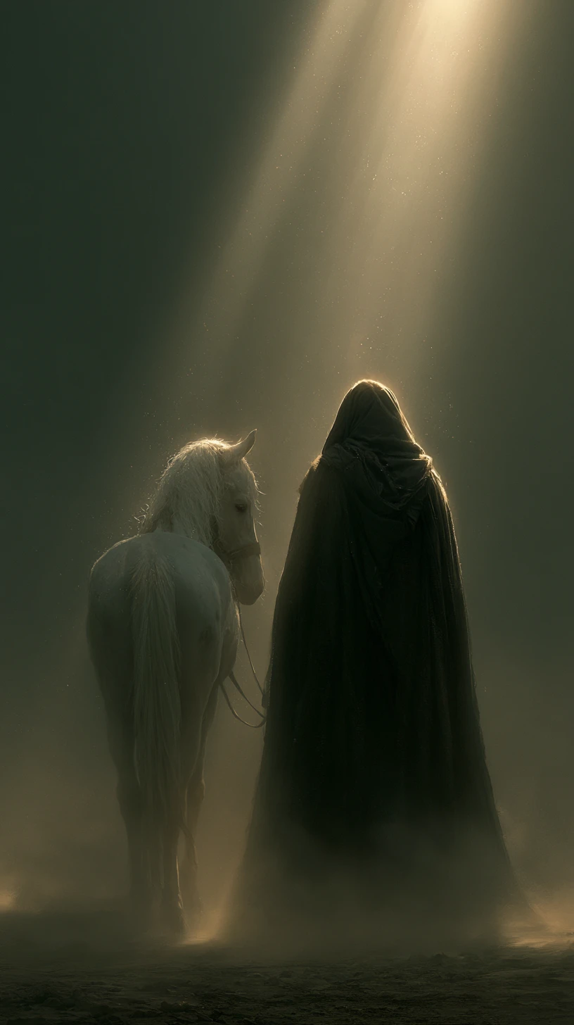 Muslim knight and white horse in foggy cinematic light
