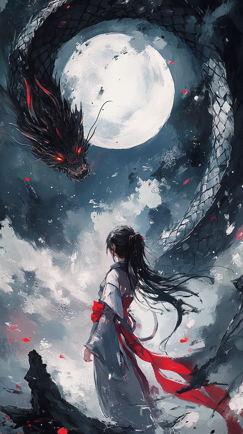 Asian dragon swirling through a cloudy moonlit night sky