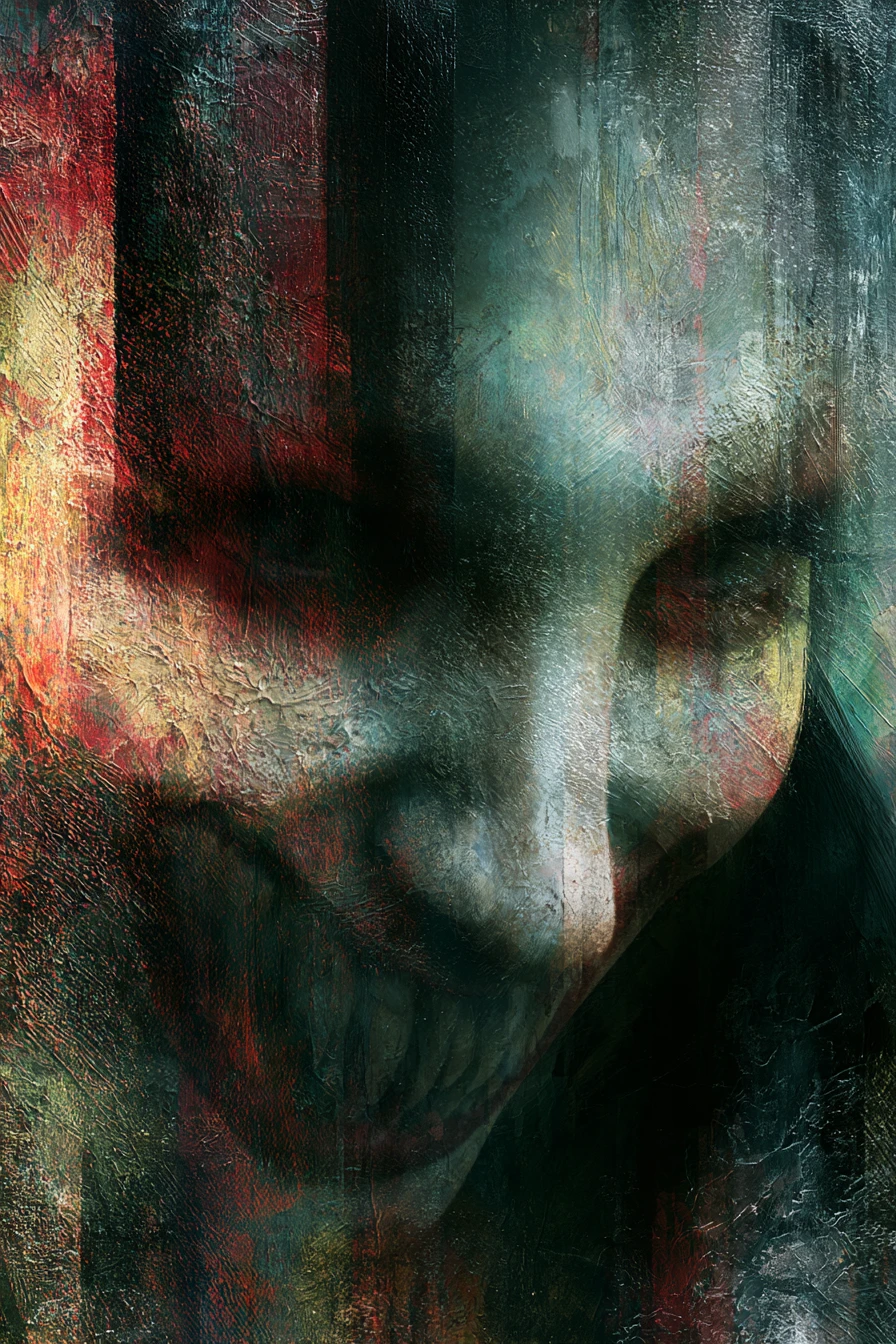 Surreal female demon with fangs in dark horror painting