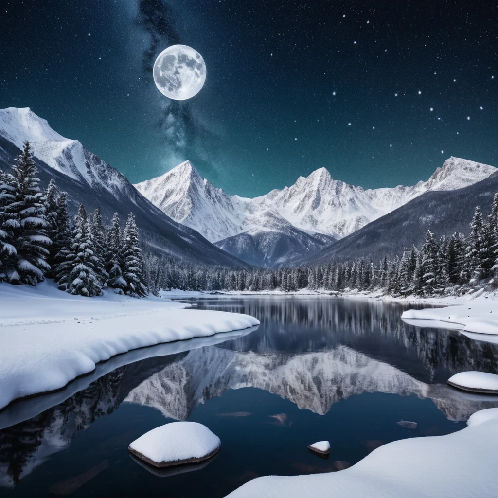 Snow covered mountains and frozen lake under starry moonlight
