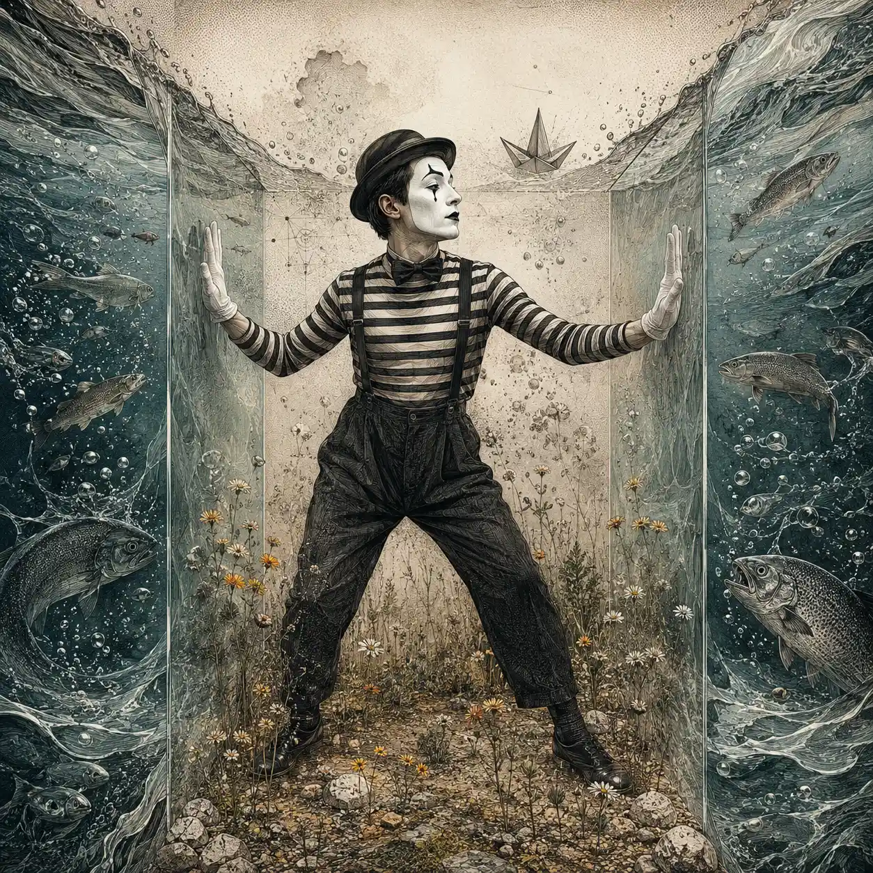 Mime pressing against an invisible wall by the sea