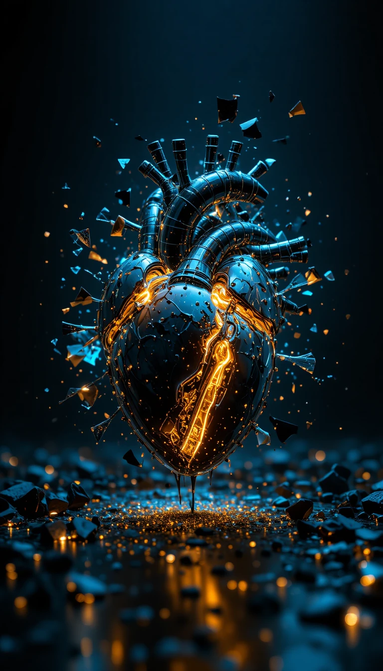 Futuristic mechanical heart with glowing liquid gold core