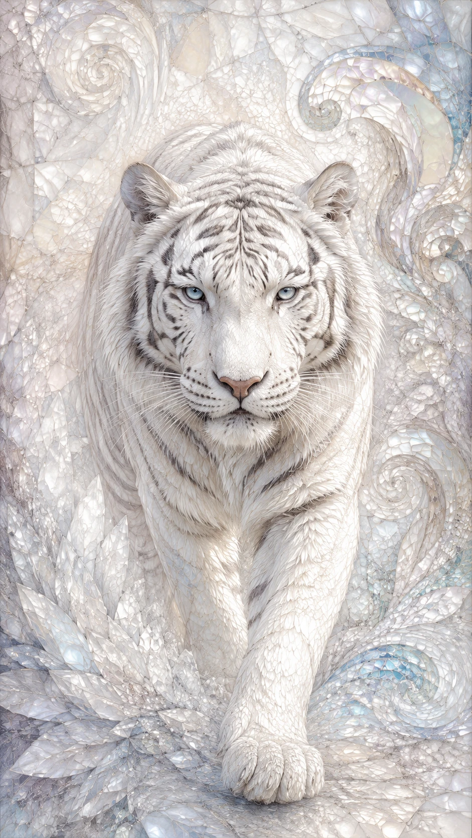 White tiger illustration with flowing abstract crystal patterns