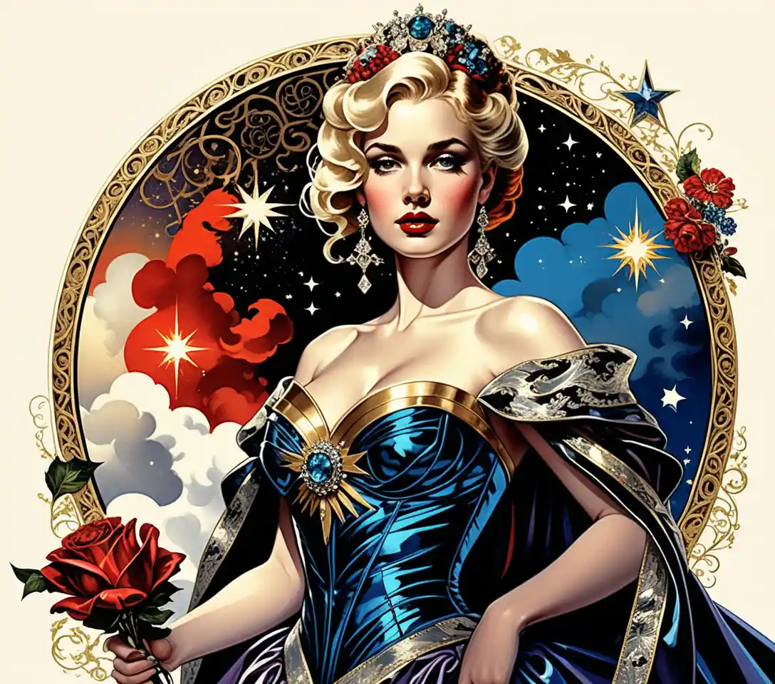 Elegant platinum blonde woman in celestial evening gown