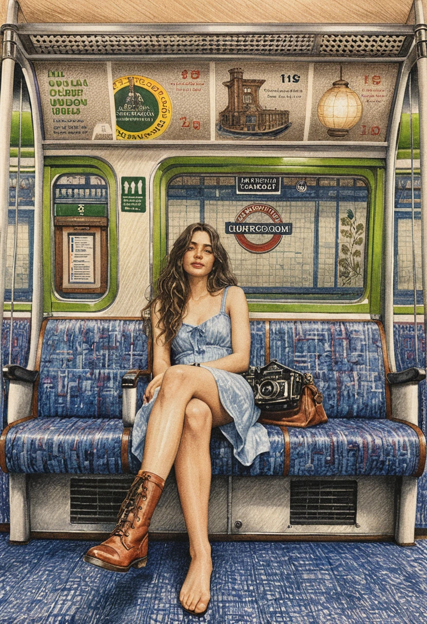 Young woman on London Underground seat in pencil drawing