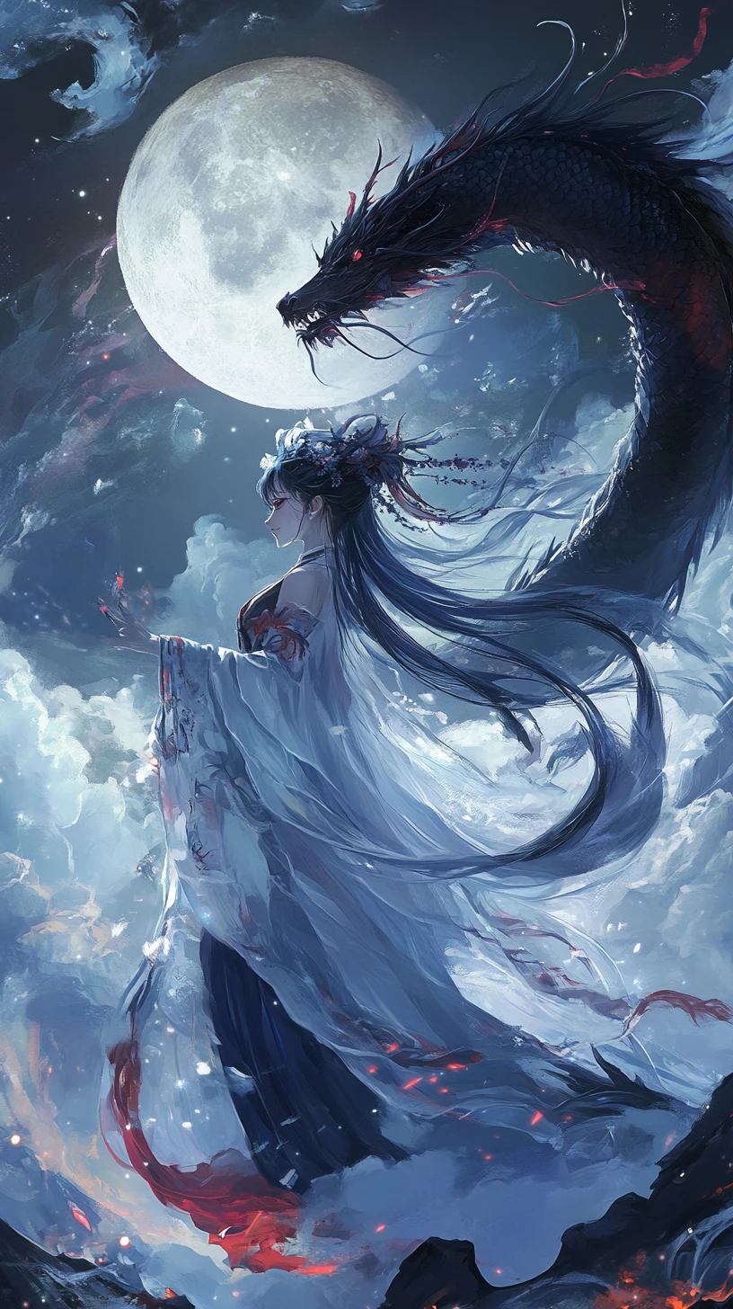 Asian dragon in a moonlit anime night sky