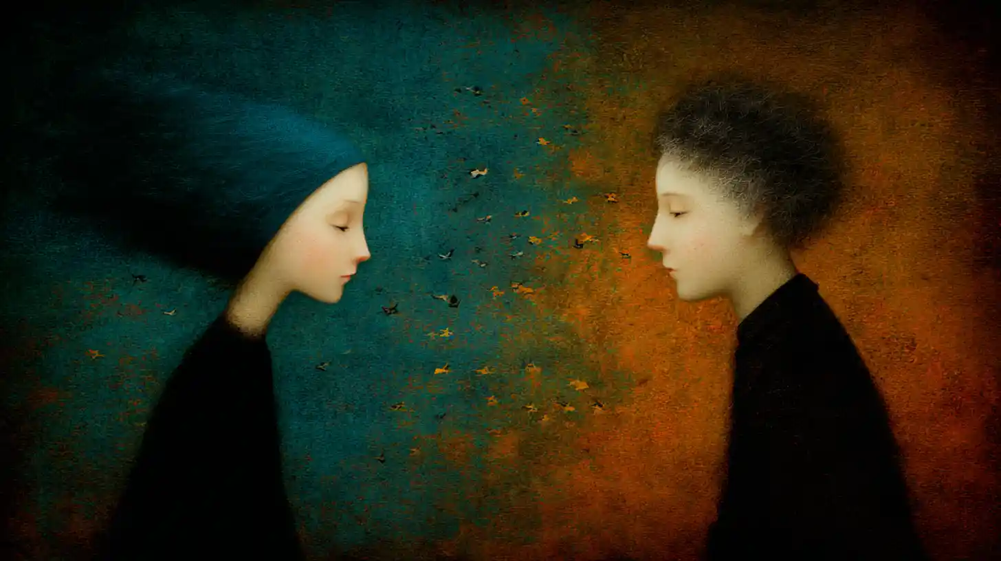 Surreal figure in despair within a dark abstract space