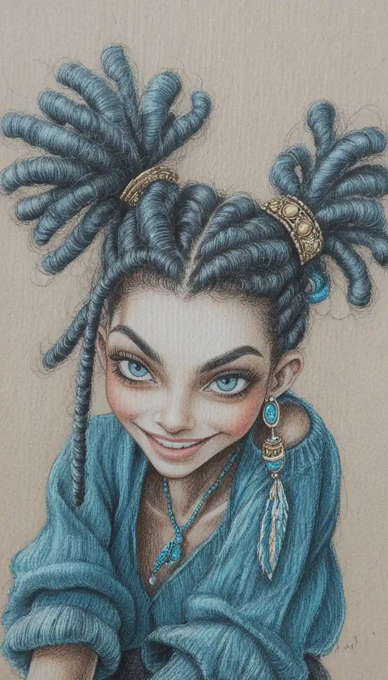 Playful girl with blue dreadlocks crouching on urban pavement