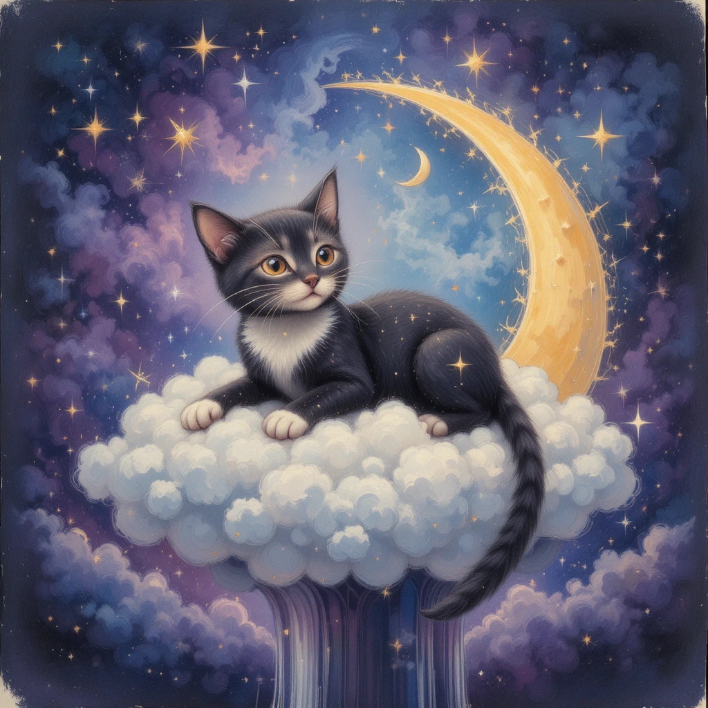 Whimsical celestial cat resting on a crescent moon cloud