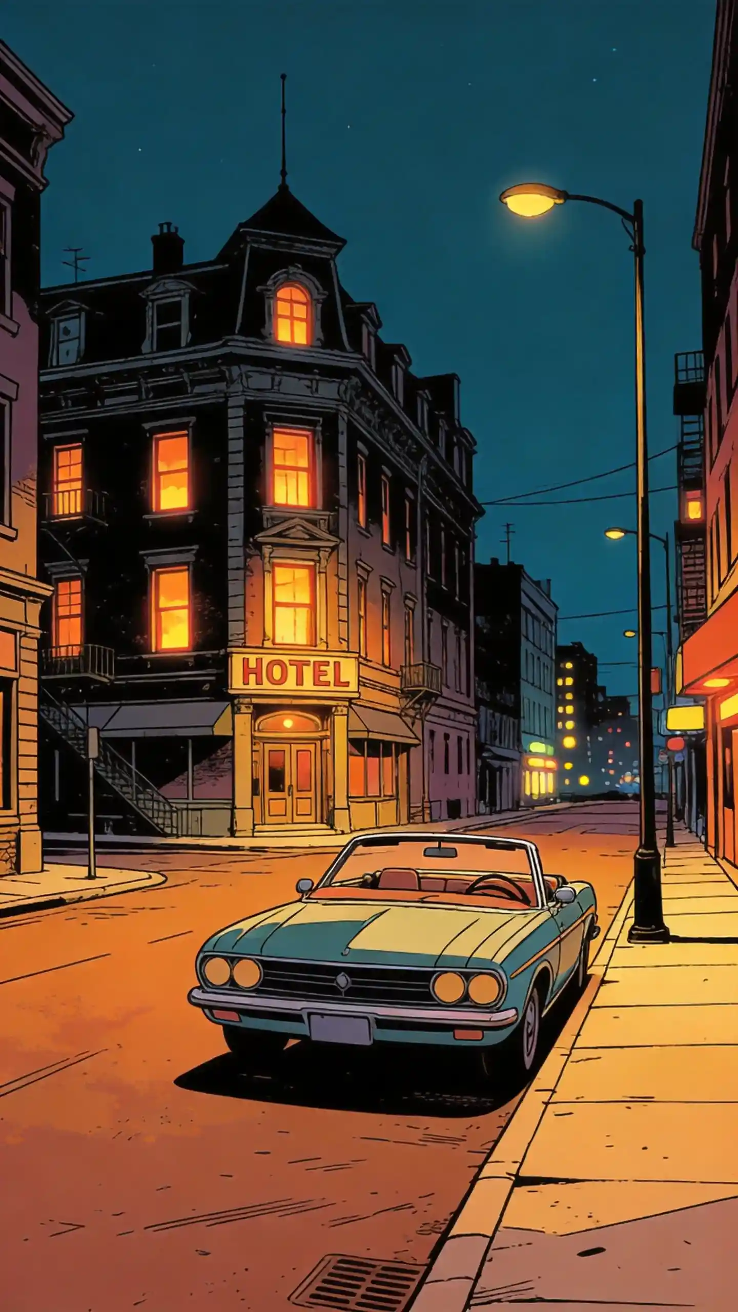 Quiet night city street with vintage car and hotel windows