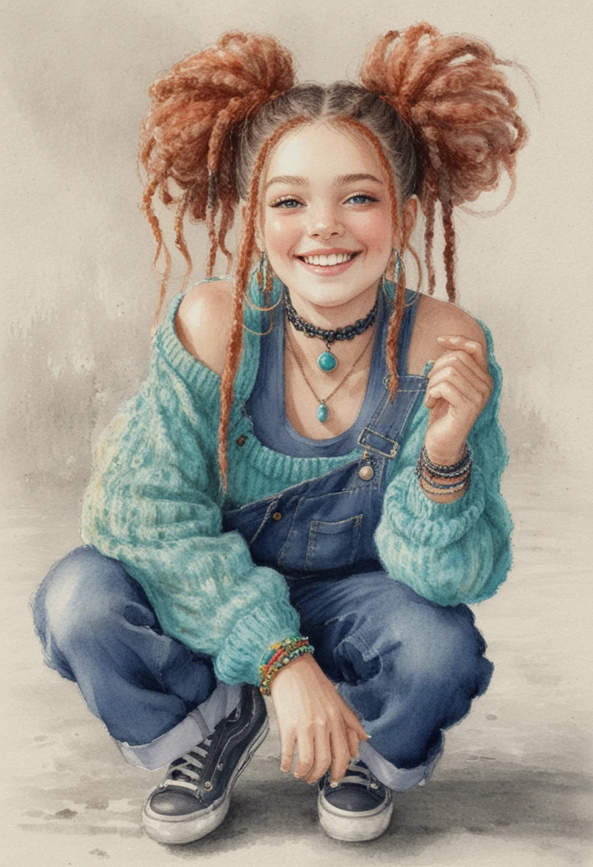 Playful girl with blue dreadlocks crouching on urban pavement