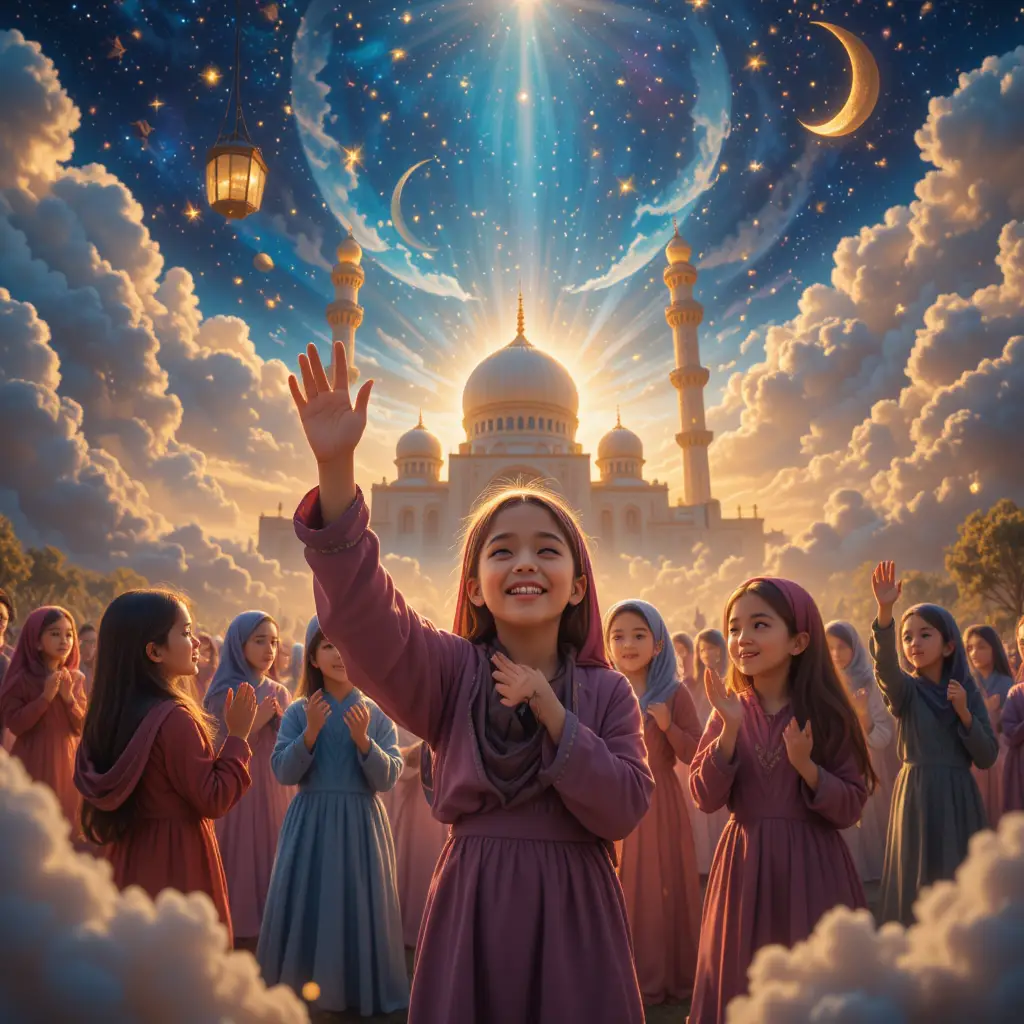 Muslim children praying together under a glowing celestial sky