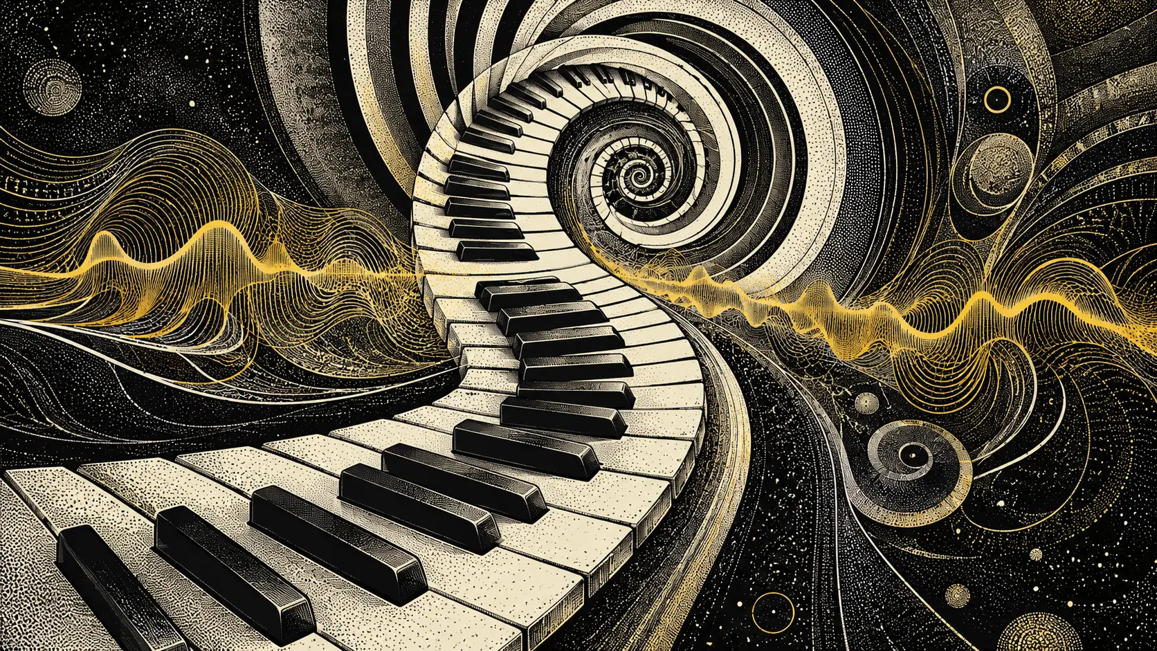 Tasti di pianoforte che si dissolvono in motivi ottici a spirale