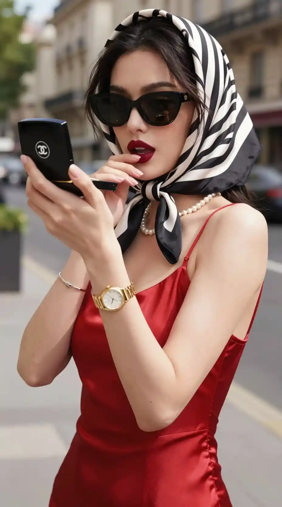 Confident woman in red satin top on sunny city street