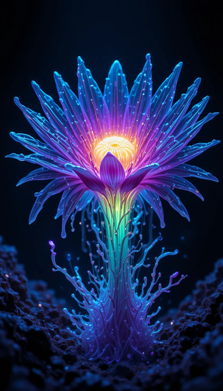 Glowing bioluminescent flower emerging from a dark void