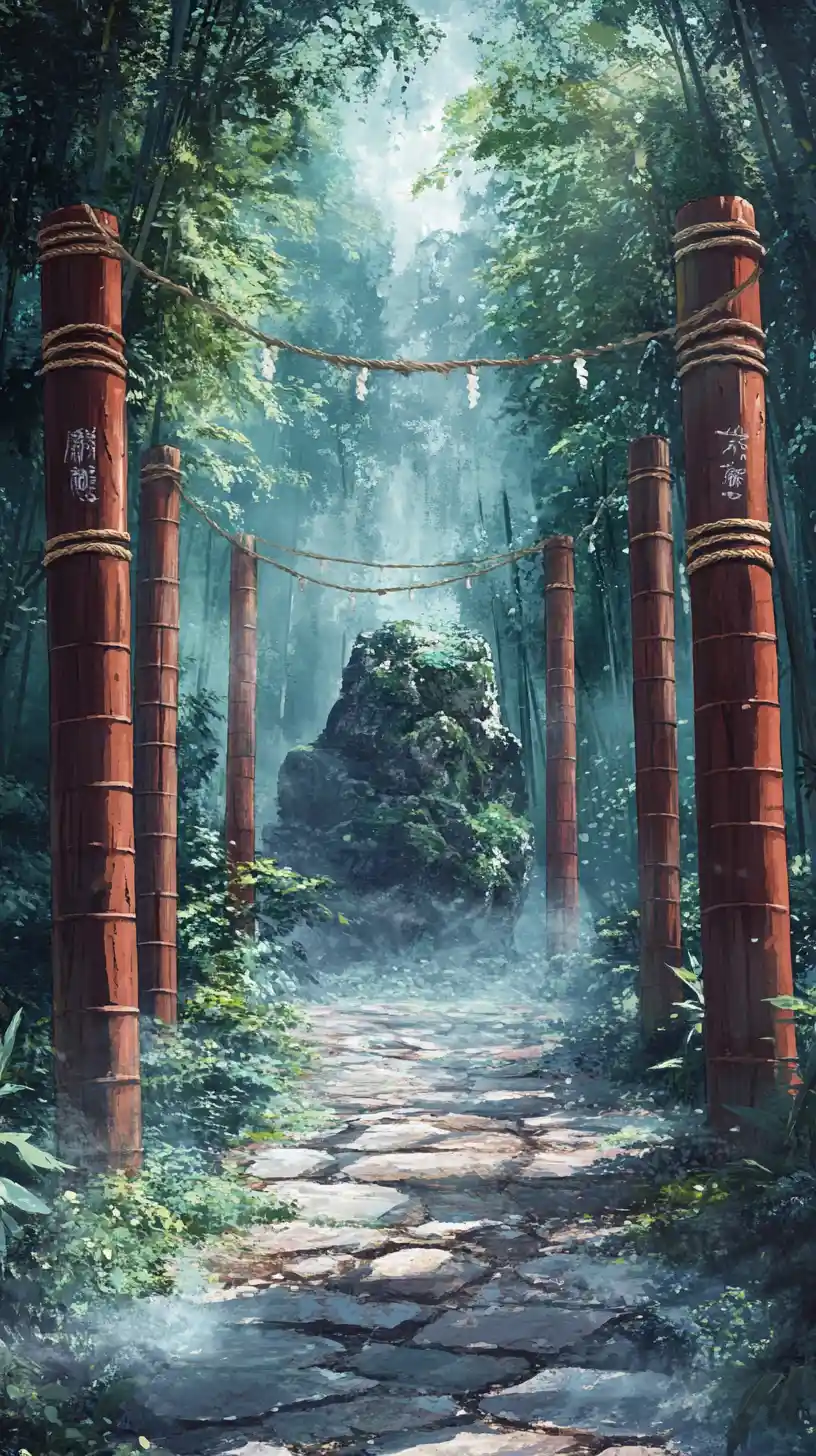 Stone path through bamboo forest to a ritual rock