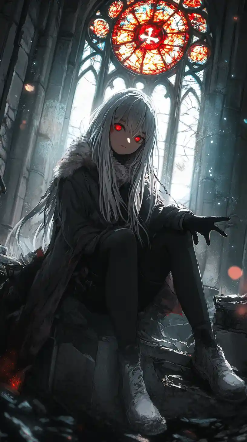 Silver haired girl in winter clothes sitting in a ruined hall