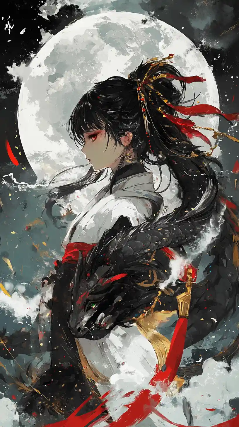 Asian dragon circling a moonlit sky in bold anime style