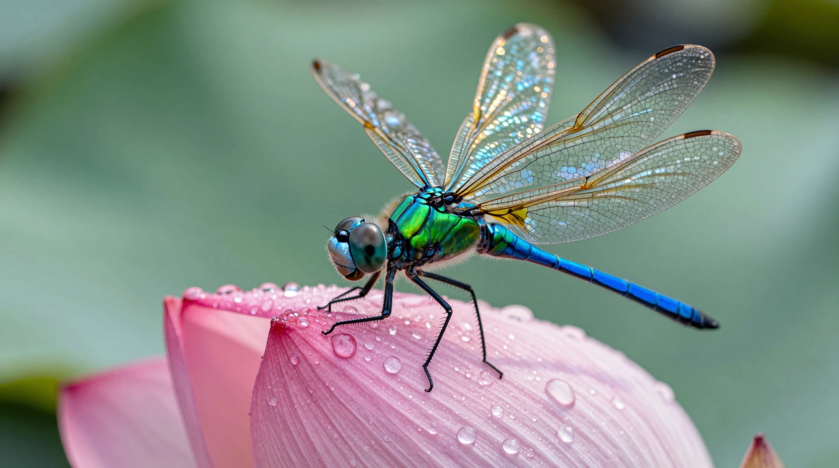 Dragonfly On Dew Covered Pink Lotus Petal At Sunrise