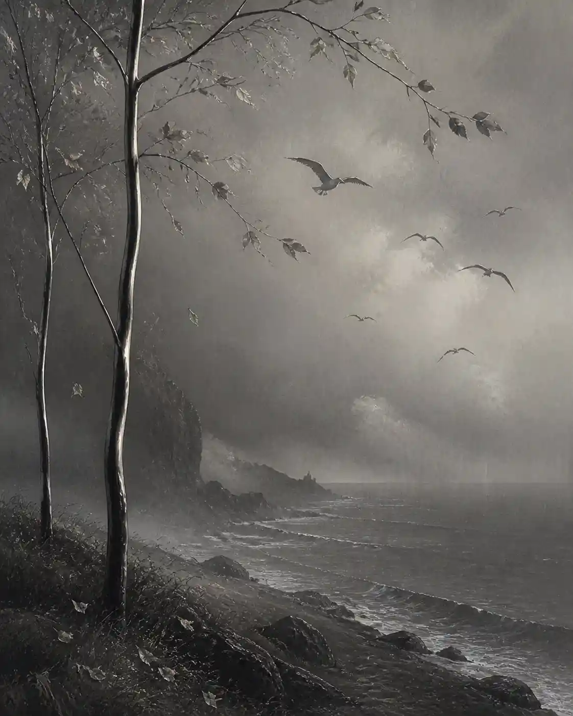 Serene chalk seascape with steel trees and falling leaves